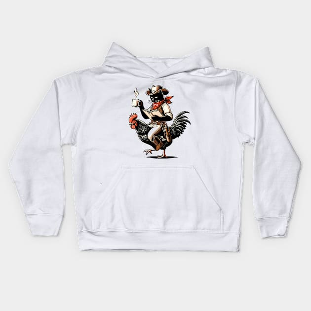 Cat Reading a Book And Drinking Coffee Riding Chicken Kids Hoodie by VisionDesigner